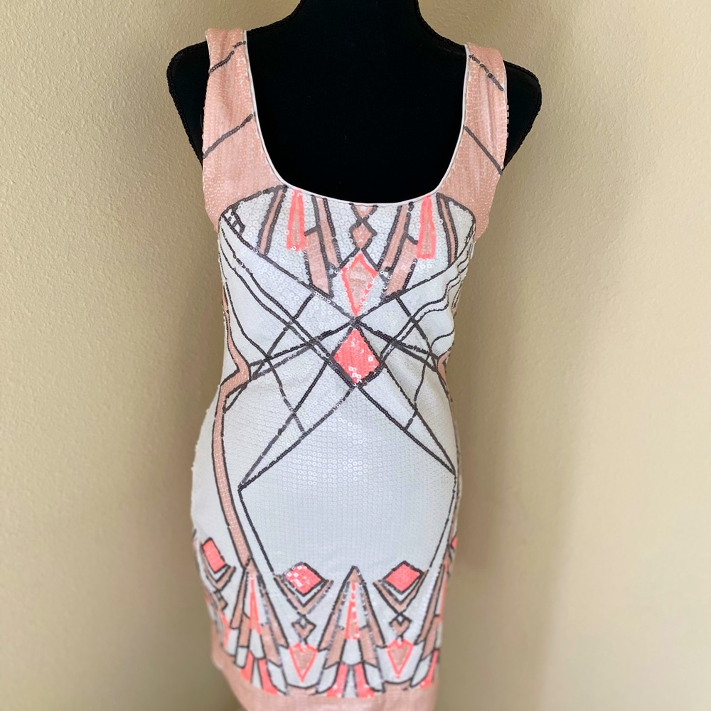 BEBE White Peach 🍑 and Pink MIDI Sequined Dress